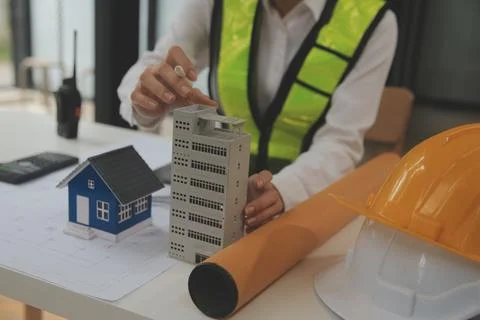 Engineer Teamwork Meeting, Drawing working on blueprint meeting for project.. Foto stock
