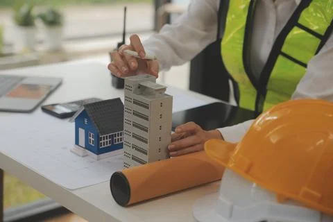 Engineer Teamwork Meeting, Drawing working on blueprint meeting for project.. Stock Photos