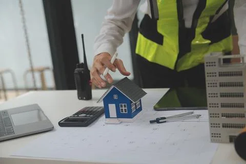 Engineer Teamwork Meeting, Drawing working on blueprint meeting for project.. Stock Photos