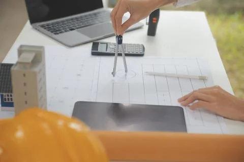 Engineer Teamwork Meeting, Drawing working on blueprint meeting for project.. Stock Photos