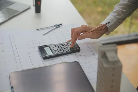Engineer Teamwork Meeting, Drawing working on blueprint meeting for project.. Stock Photos