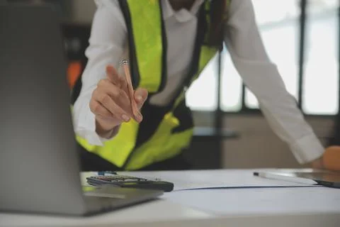Engineer Teamwork Meeting, Drawing working on blueprint meeting for project.. Stock Photos