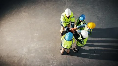 Engineer, teamwork or stack hands at construction site for support, solidarity Stock Photos