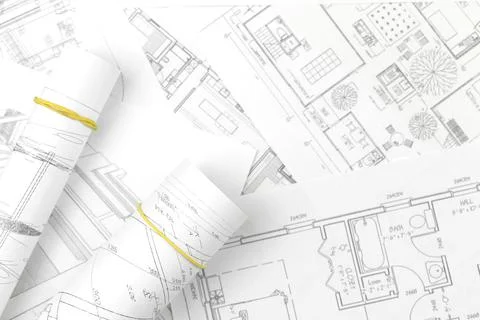 Engineer technicial drawings engineering industry work project paper blueprin Stock Photos