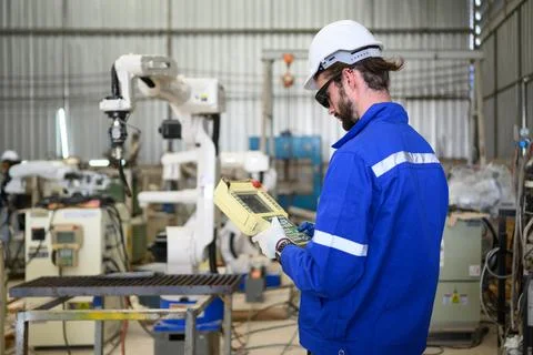 Engineer technician controlling robotic arms on computer laptop Stock Photos