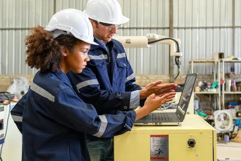 Engineer technician controlling robotic arms on computer laptop Stock Photos