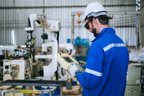 Engineer technician controlling robotic arms on computer laptop Foto stock