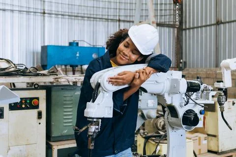 Engineer technician controlling robotic arms on computer laptop Stock Photos