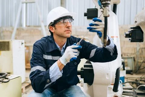 Engineer technician controlling robotic arms on computer laptop Stock Photos
