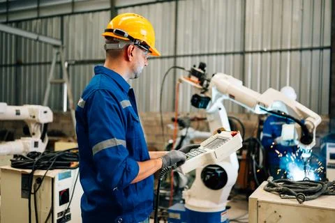 Engineer technician controlling robotic arms on computer laptop Stock Photos