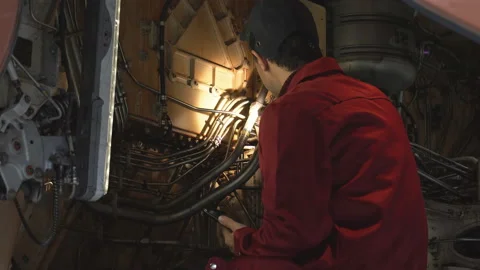 Engineer, technician examines the jet engine with a flashlight. Stock Footage 98006202