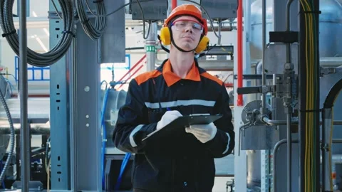 An engineer technician in a helmet, goggles and headphones, writes down data on Stock Footage 153507105