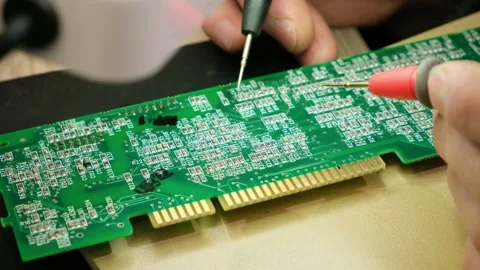 The Engineer Technician looking through the printed circuit board Stock Footage 293420134