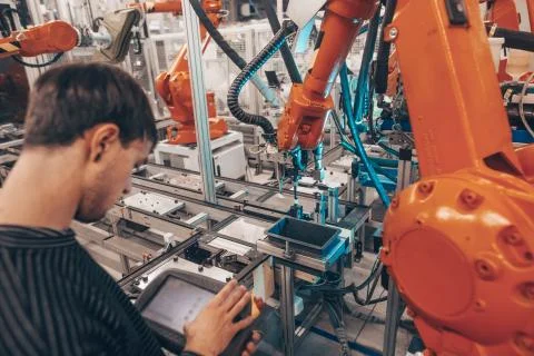 Engineer, technician working with automatic robot in automotive industrial Stock Photos
