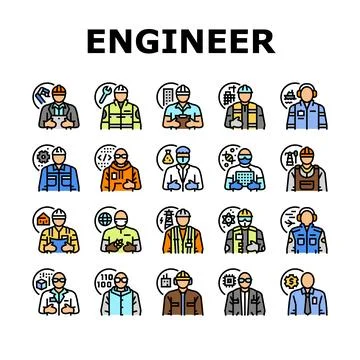 Engineer technology work man icons set vector Stock Illustration