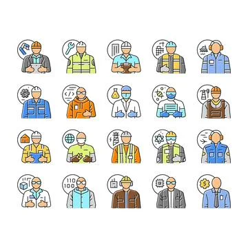 Engineer technology work man icons set vector Illustrazione stock