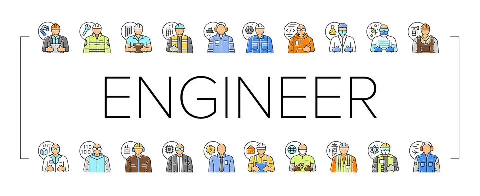 Engineer technology work man icons set vector Stock Illustration