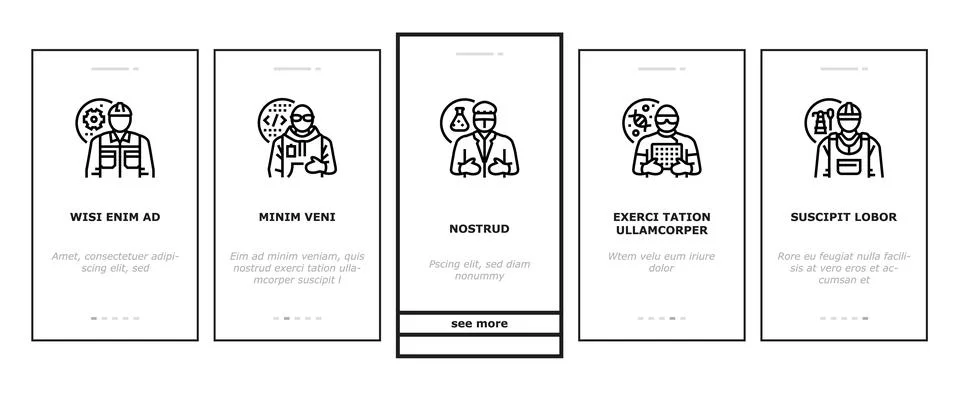 Engineer technology work man onboarding icons set vector Illustrazione stock