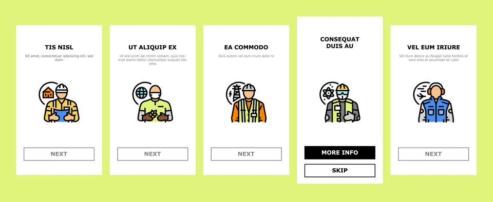 Engineer technology work man onboarding icons set vector Stockillustratie
