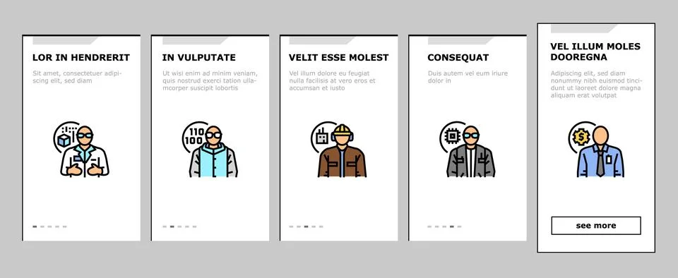 Engineer technology work man onboarding icons set vector Stock Illustration