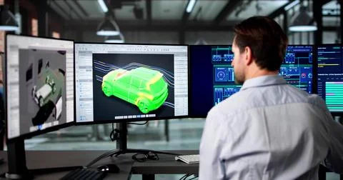 Engineer Testing Car Aerodynamics Using Automotive Design Software Technology Stock Photos