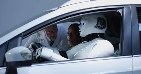 Engineer testing car driving robot 스톡 사진