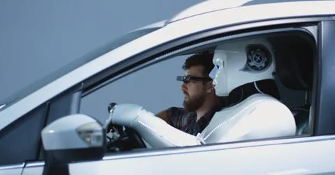 Engineer testing car driving robot 스톡 사진