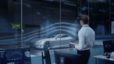 Engineer Testing Concept Car in Aerodynamic Tunnel Stock Footage 172590235