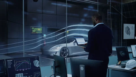 Engineer Testing Concept Car in Aerodynamic Tunnel Stock Footage 172590474