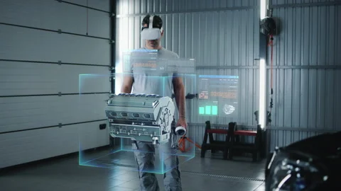 Engineer testing engine in virtual program Stock Footage 209505191