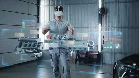 Engineer testing engine in virtual program 스톡 사진