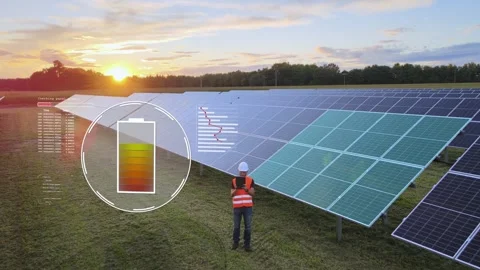 Engineer testing new installed solar panels on farm field at sunset - Stock Footage 243878422