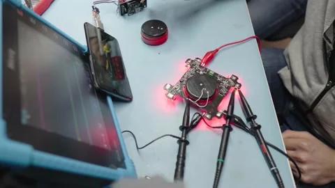 An engineer tests a gadget using a tablet and special equipment. Electronic Stock Footage 195660376