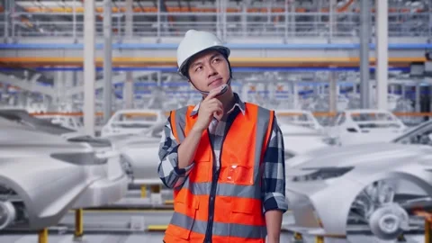 Engineer Thinking About Something In Car Factory Stock Footage 331576345