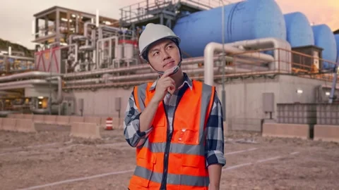 Engineer Thinking About Something at Gas Plant Stock Footage 337760444
