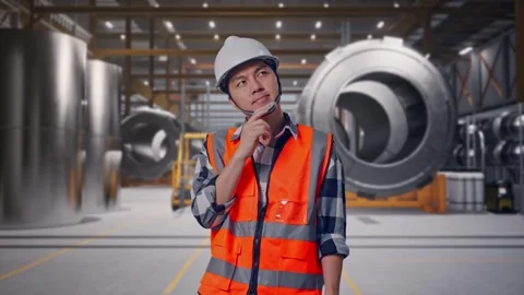 Engineer Thinking About Something at Heavy Factory Stock Footage 340816567