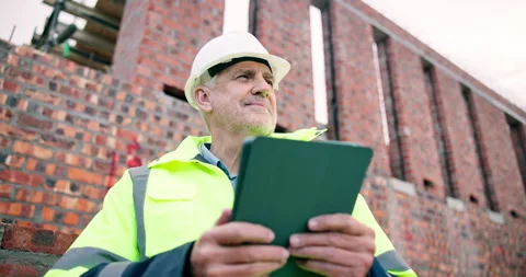 Engineer, thinking and construction outdoor with tablet, labor regulations or Stock Footage 337037636