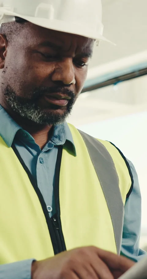 Engineer, thinking and man with tablet, building or typing report for renovation Stock Footage 345552098