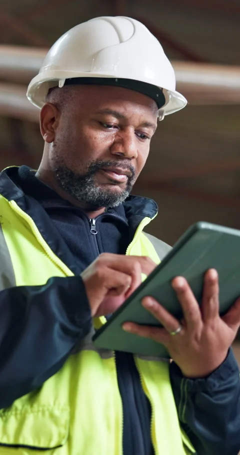 Engineer, thinking and man with tablet on building site, inspection and Stock Footage 348129598