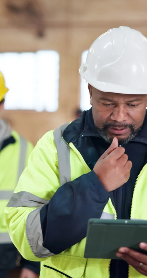 Engineer, thinking and man with tablet on building site, inspection and Stock Footage 348192726