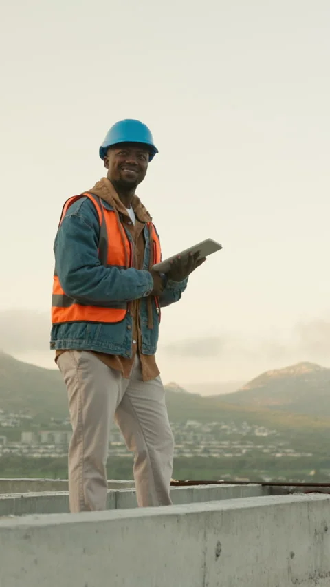 Engineer, thinking and tablet with black man on rooftop for property, architect Stock Footage 340908790