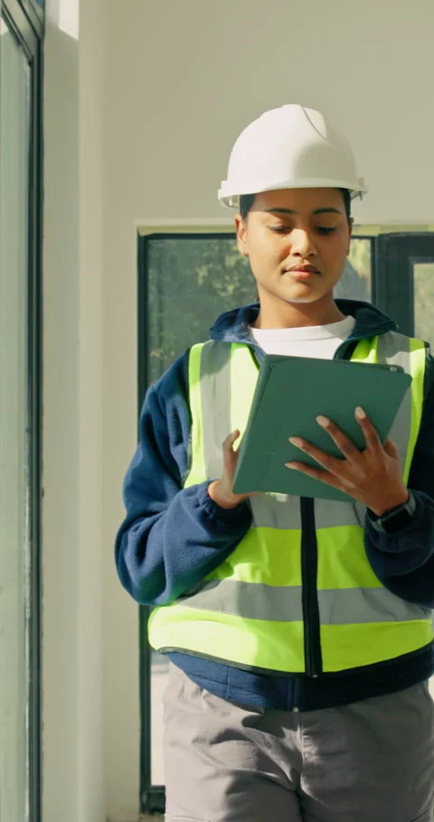 Engineer, thinking and woman with tablet on construction site, walking and Stock Footage 345334583