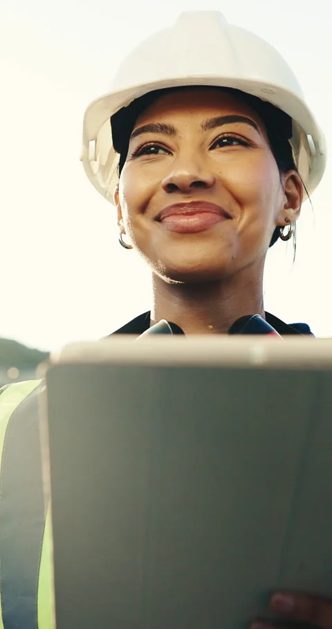 Engineer, thinking and woman with tablet, outdoor or reading research for Stock Footage 345553262