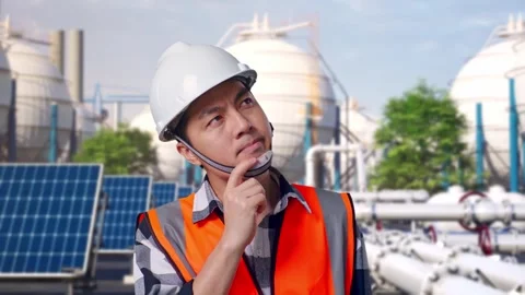 Engineer Thinking Then Raising His Index Finger at Energy Complex Stock Footage 330181753