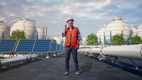 Engineer Thinking Then Raising His Index Finger at Energy Complex Stock Footage 330183986