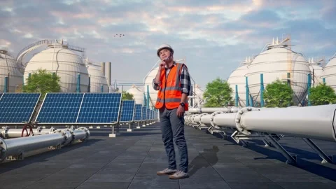 Engineer Thinking Then Raising His Index Finger at Energy Complex Stock Footage 330184541