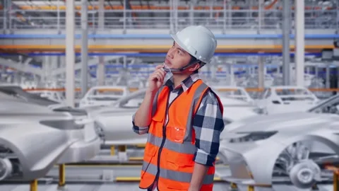 Engineer Thinking Then Raising His Index Finger In Car Factory Stock Footage 331576975
