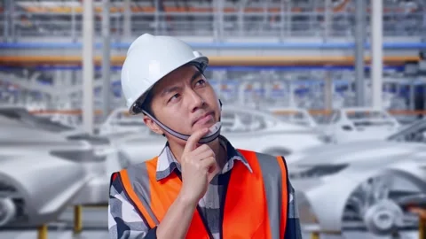 Engineer Thinking Then Raising His Index Finger In Car Factory Stock Footage 331577781