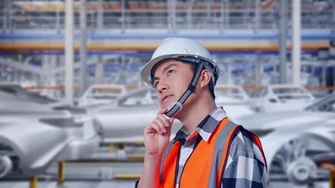 Engineer Thinking Then Raising His Index Finger In Car Factory Stock Footage 331578649