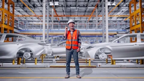 Engineer Thinking Then Raising His Index Finger In Car Factory Stock Footage 331579633